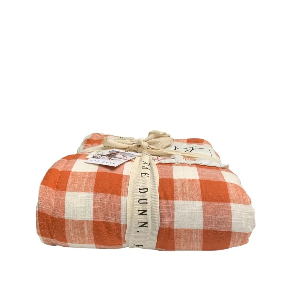 Rae Dunn blessed Buffalo Check Sherpa Throw Blanket Orange Cream White Plaid NWT - Picture 4 of 15